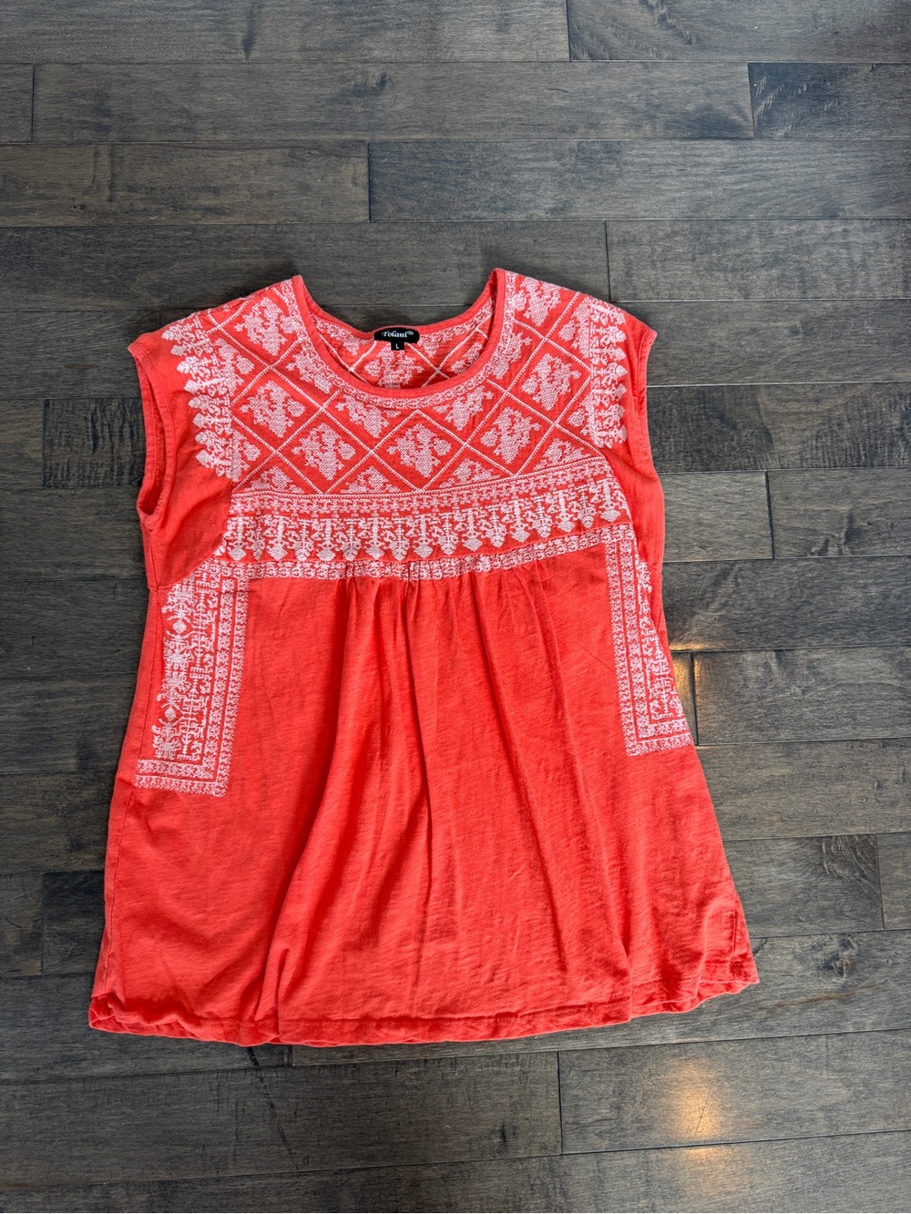 Women’s Embroidered Cap Sleeve Top - Coral with White Stitching